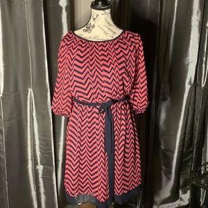 Pink and Navy Chevron Flirty Tie Waist Dress